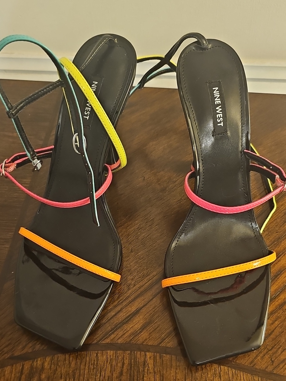 Nine West Black Sandals with Neon Pink, Orange, Yellow, Blue, and Green Straps